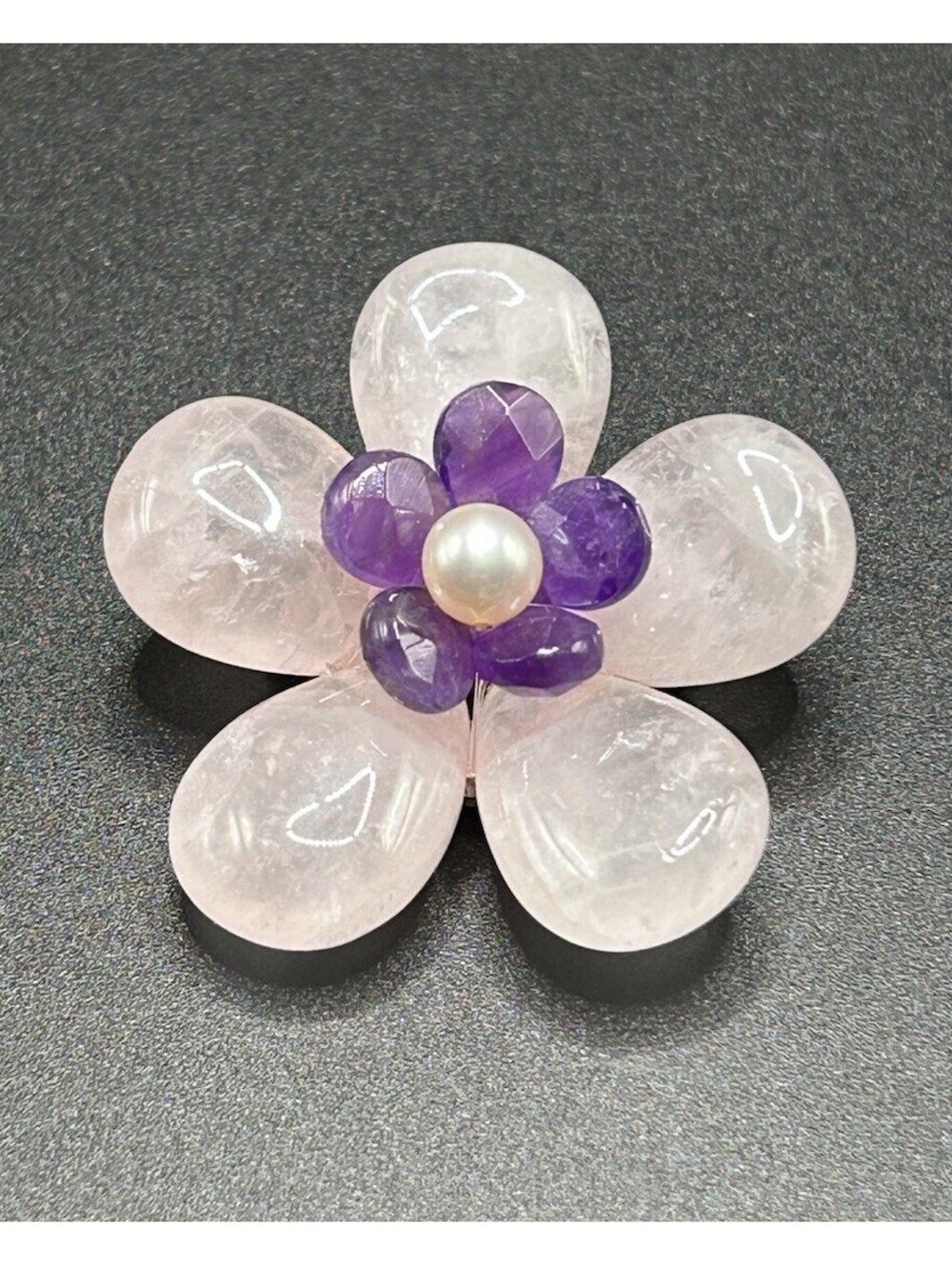 Vintage 925 Sterling Silver Rose Quartz Amethyst Pearl Flower Brooch/Pendant 90s